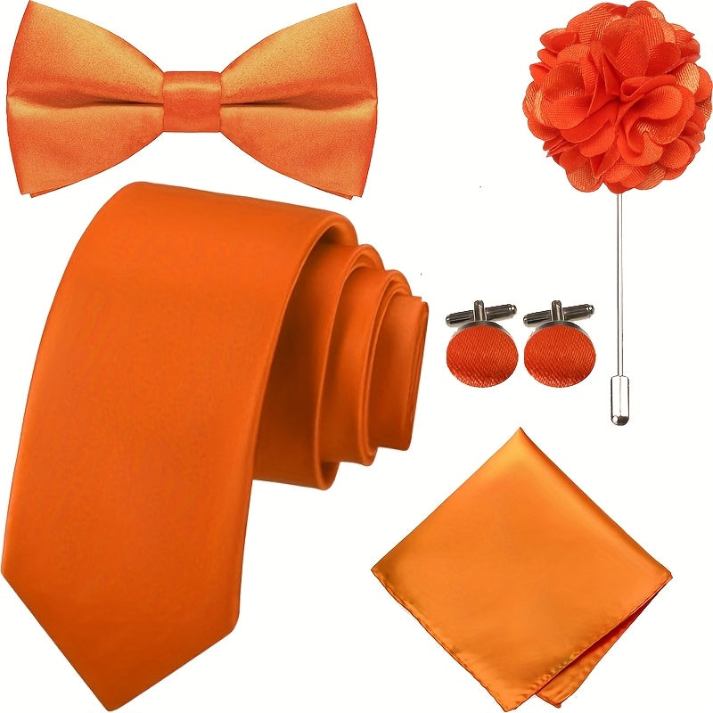 Set of 5 Ties in a Box, Featuring a Solid Color Necktie, Satin Bow Tie, Pocket Square, Lapel Pin, And Cuff Links for Weddings, Formal Gatherings, And Business Events - High-Quality, Versatile, And Fashionable Additions