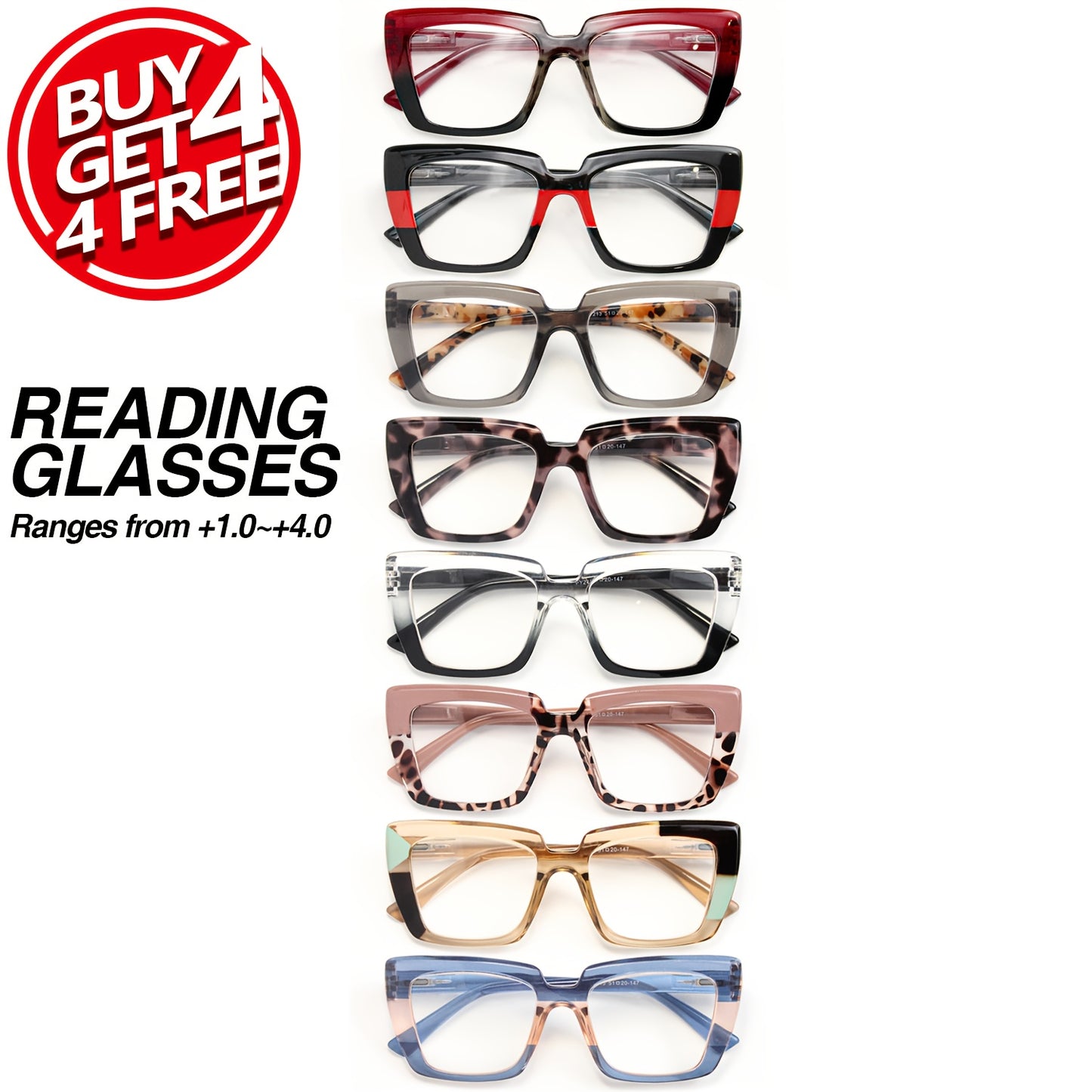 Reading Glasses 8-Pack Retro Print Color Clash Rectangular Spring Hinge Women Fashion Party Holiday Gift Eyewear Magnification +100 to +400 Colorful Trendy