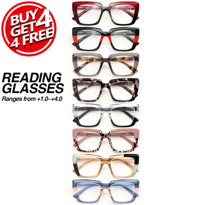 Reading Glasses 8-Pack Retro Print Color Clash Rectangular Spring Hinge Women Fashion Party Holiday Gift Eyewear Magnification +100 to +400 Colorful Trendy