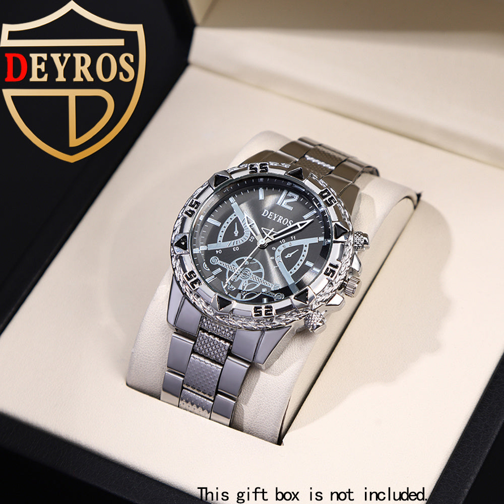 Quartz Watch Set for Men 6pcs Stainless Steel Analog Wristwatch – Date Display Round Dial Classic Luxury Timepiece Gift Box, Reloj Para Hombre