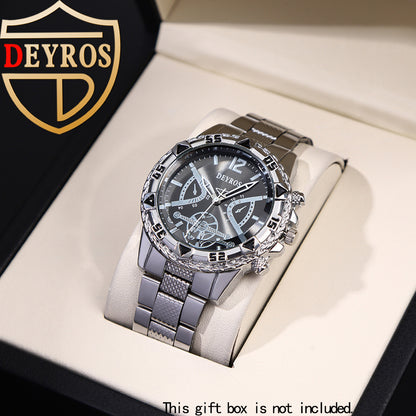 Quartz Watch Set for Men 6pcs Stainless Steel Analog Wristwatch – Date Display Round Dial Classic Luxury Timepiece Gift Box, Reloj Para Hombre
