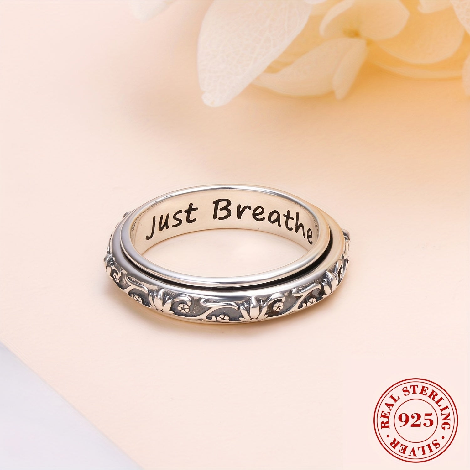 Spinner Fidget Ring S925 Sterling Silver Lotus Flower Yoga Just Breathe Anxiety Worry Band Oxidized Fidget Boredom ADHD Autism Rings For Women Men