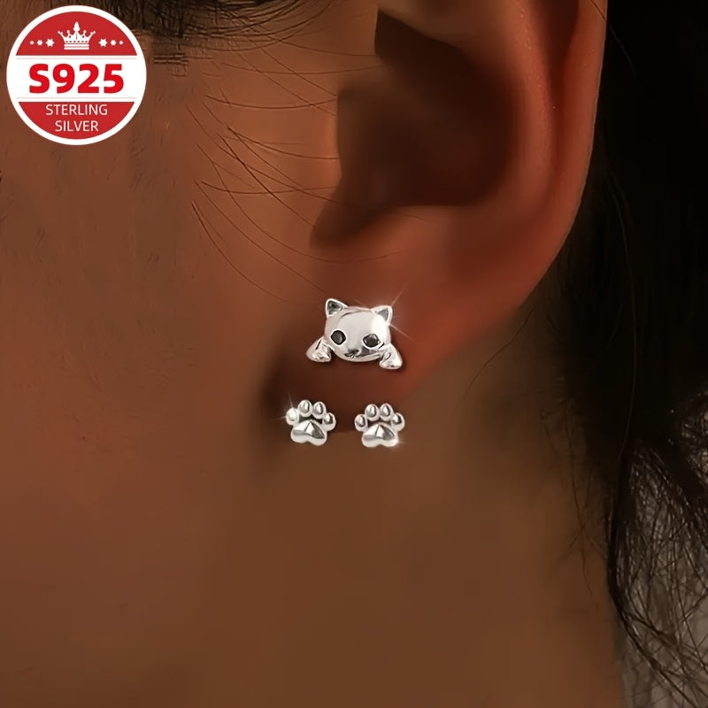 S925 Sterling Silvery Female Cat Paw Hanging Earrings, Creative Design, Cute Pet, Exquisite and Sweet, Suitable for Daily Versatile Gift Giving, Low Allergy, Can Be Stuffed into Socks as a Christmas Gift, Special Offer
