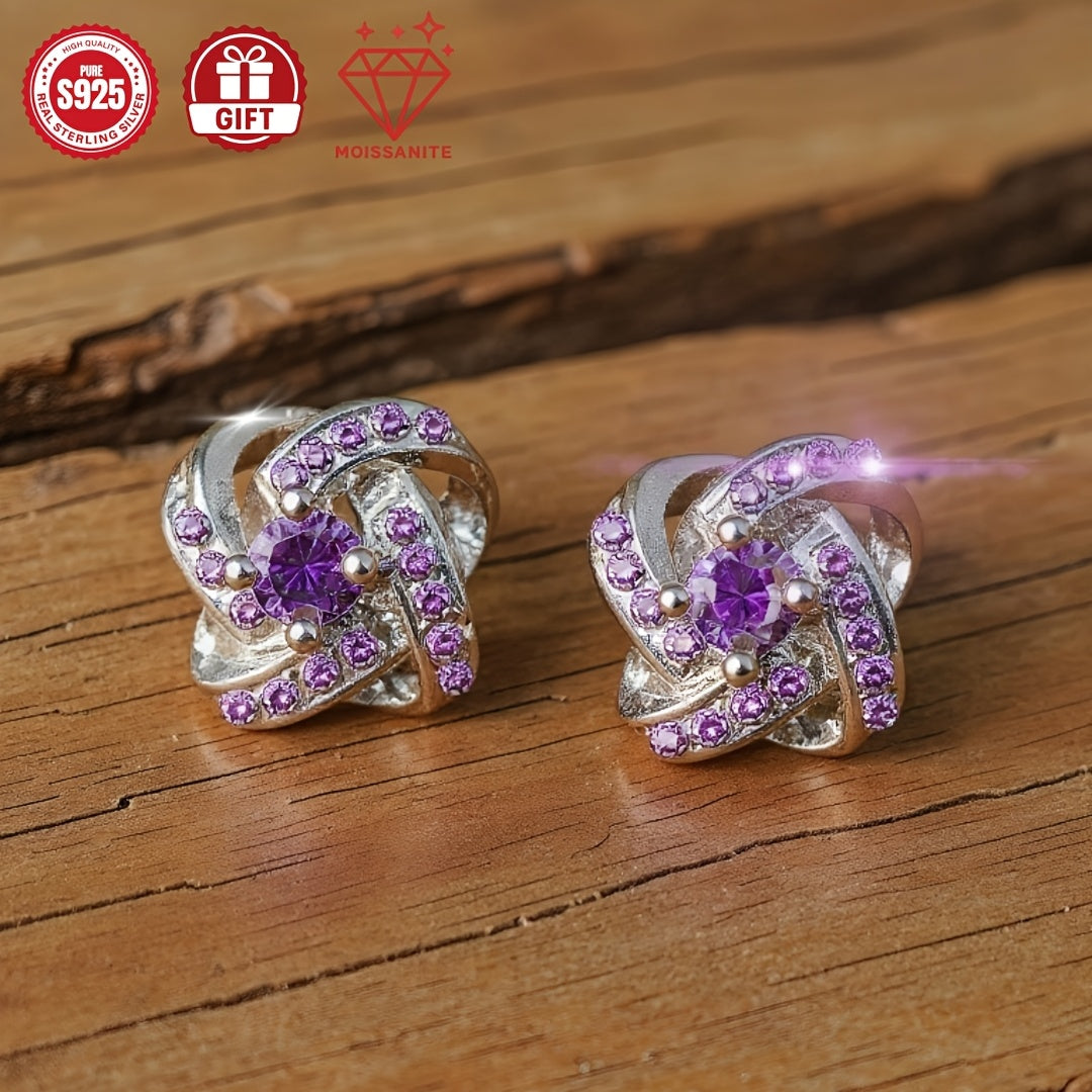 1 Pair Elegant Vintage Purple Moissanite Four-Leaf Clover Earrings, S925 Sterling Silvery Hypoallergenic, Perfect for Daily Wear& Banquets, Ideal Gift for Her with Gift Box, Valentine's Day Accessory, Banquet Jewelry, Vintage Earrings, Holiday