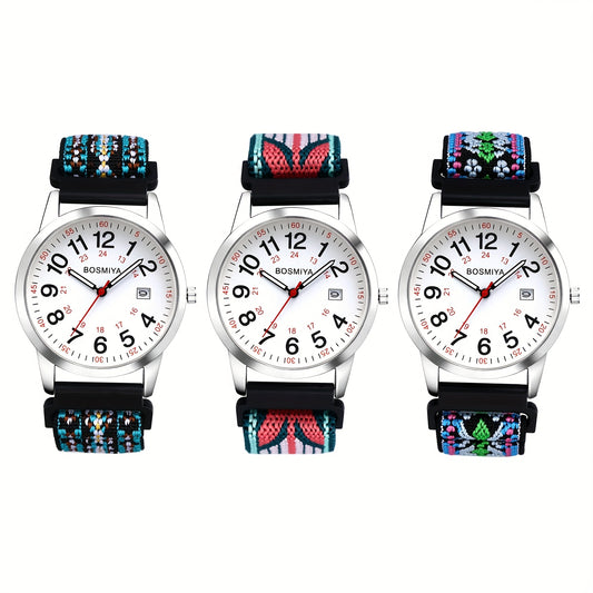 [Colorful Elastic Watch] Colorful Elastic Watch with Arabic Numerals, Calendar, 24-hour Format, Round Case, Stretch Braided Rope Nylon Strap, Suitable for Casual Business Wear, Birthday Christmas Gift