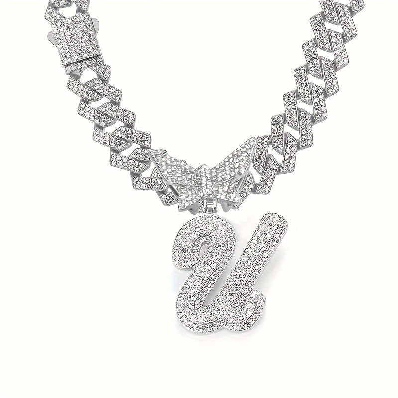 Cuban Link Chain Necklace - Initial Letter for Men Women - with Butterfly Alphabet Pendant A-Z, Gold & - product detail view