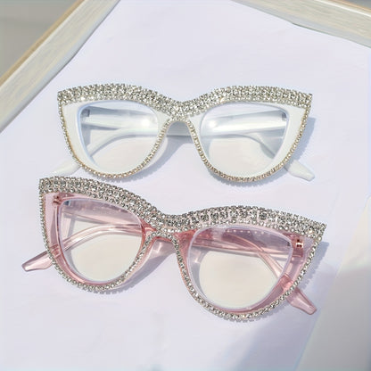 Cat Eye Reading Glasses Blue Light Blocking 2 Pack Women Rhinestone Decor Fashion Readers PC Frame Multiple Strengths Home Office Party Gift for Mom Girlfriend