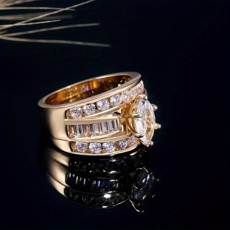 2pcs Fashionable And Exquisite Ladies' Anniversary Commemorative Ring Set with Wide Edition Engagement Ring Ladies' Wedding Banquet Luxury Jewelry Gift