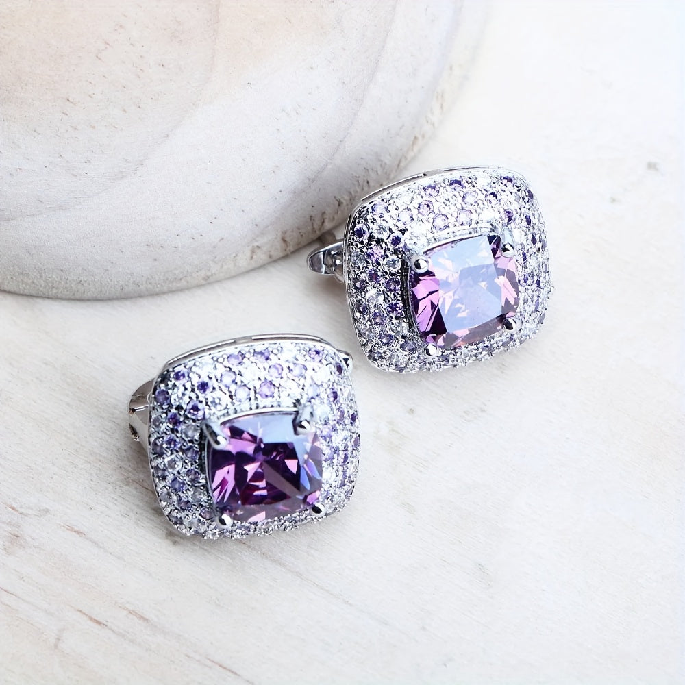 Purple Cubic Zirconia Jewelry Set for Women – 5pcs Geometric Necklace, Bracelet, Ring & Earrings, Premium Gift Box, Perfect for Valentine's Day & Wedding
