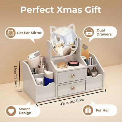 Jewelry Box with Mirror Cat Ear Design – Small Makeup Storage Organizer with Drawers, Light Luxury Vanity Case for Bedroom Dressing Room & Living Room