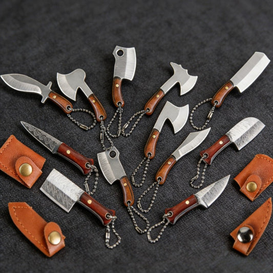 EDC Knife Keychain - Mini Set 10pcs Damascus Pattern Blade Stainless Steel Pocket Tool with - main product view