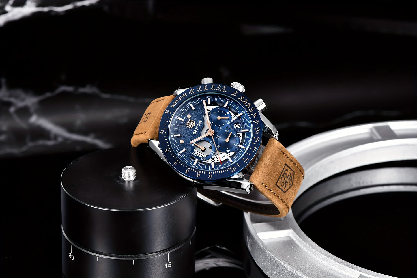 BENYAR Watch Men Luminous Chronograph Analog Quartz Big Face Business Sport Casual Fashion Dress Wristwatch Elegant Gift for Men Golden Silver Blue Black