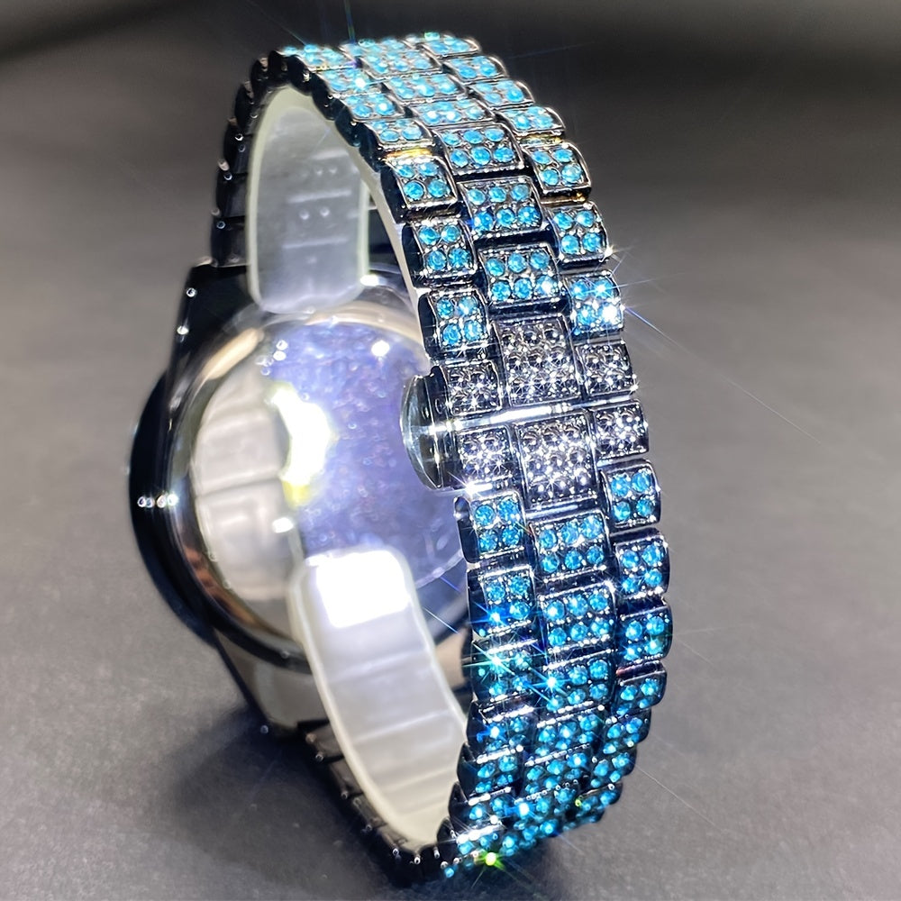 MISSFOX Luxury Rhinestone Couples' Watch - Ice Blue & Red, Quartz Movement with Calendar Feature, Luminous Display for Men and Women - Perfect Party Gift, Ice Blue Rhinestone, Unique, Fashion