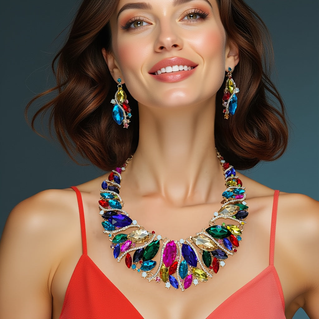 Sophisticated Jewelry Set Featuring a Necklace And Earrings, Adorned with Rhinestones, Perfect for Bridal Parties, Showcasing a Vintage And Luxurious Retro Style