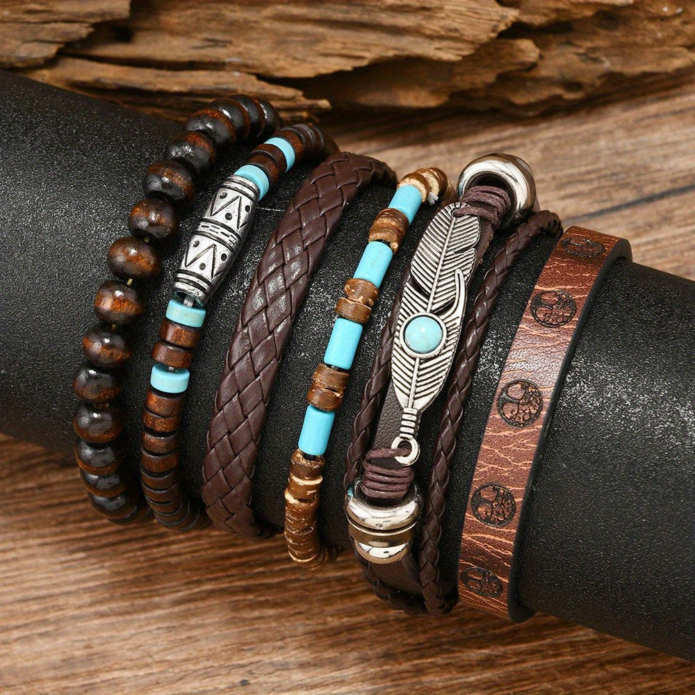 Random 24pcs Bohemian Retro Western Style Turquoise Bracelet, Multi-Layer Woven Feather Jewelry, Wooden Bead Alloy Bracelet, Perfect for Daily Wear As a Gift at Parties, Bracelet Beads, Party Jewelry, Gift for Her, Bohemian Jewelry, Western Charm