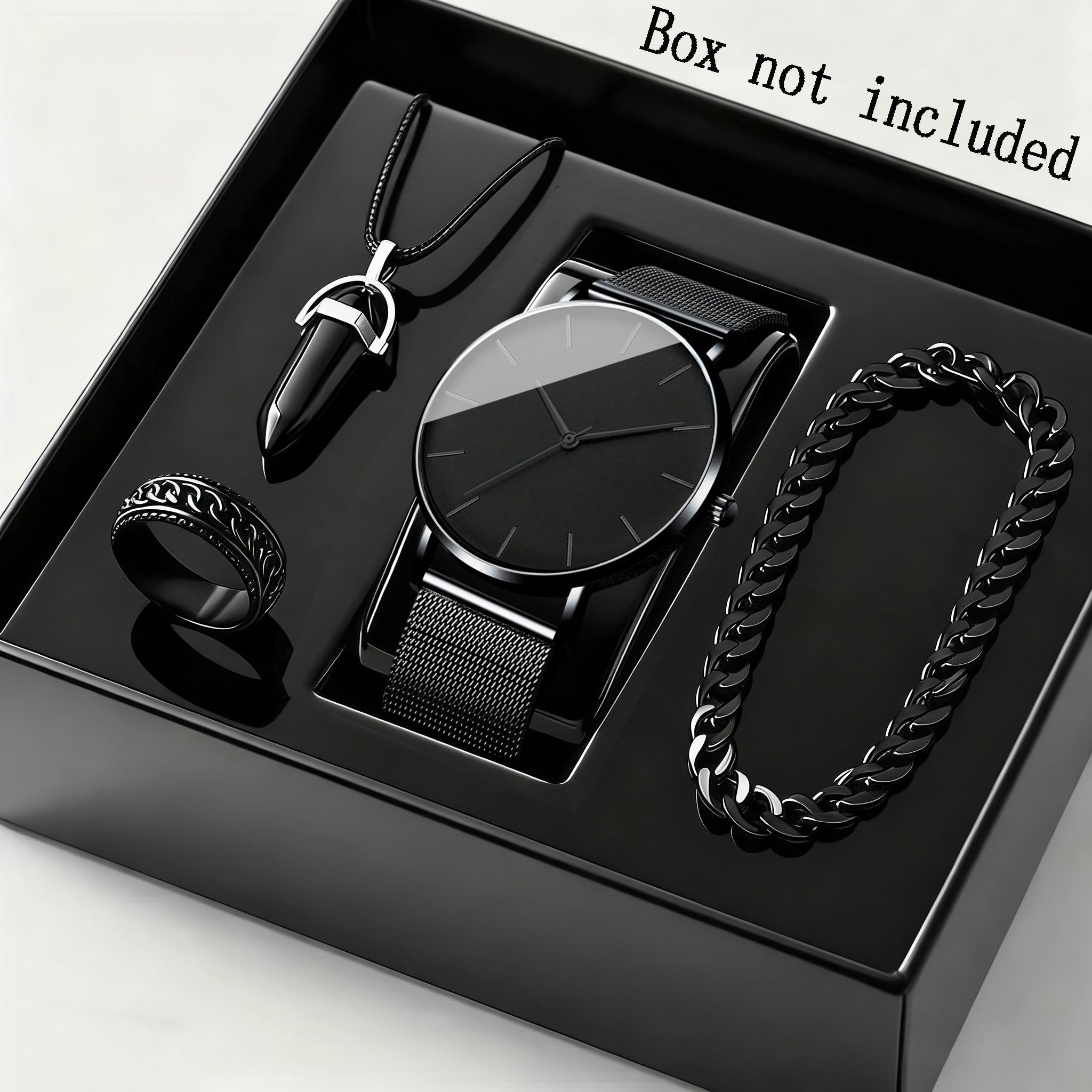4pcs/ Set Men's Elegant Quartz Watch & Bracelet Set | Stainless Steel | Casual Watch | Business Watch | Bracelet for Men | Men Necklace(The Box Does Not Include)