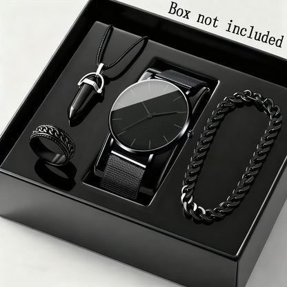 Men's Watch & Bracelet Set 4pcs - Stainless Steel Quartz Watch, Bracelet & Necklace Bundle, Elegant Business Casual Jewelry Gift Set for Men