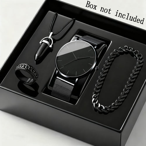 Men's Watch & Bracelet Set 4pcs - Stainless Steel Quartz Watch, Bracelet & Necklace Bundle, Elegant Business Casual Jewelry Gift Set for Men