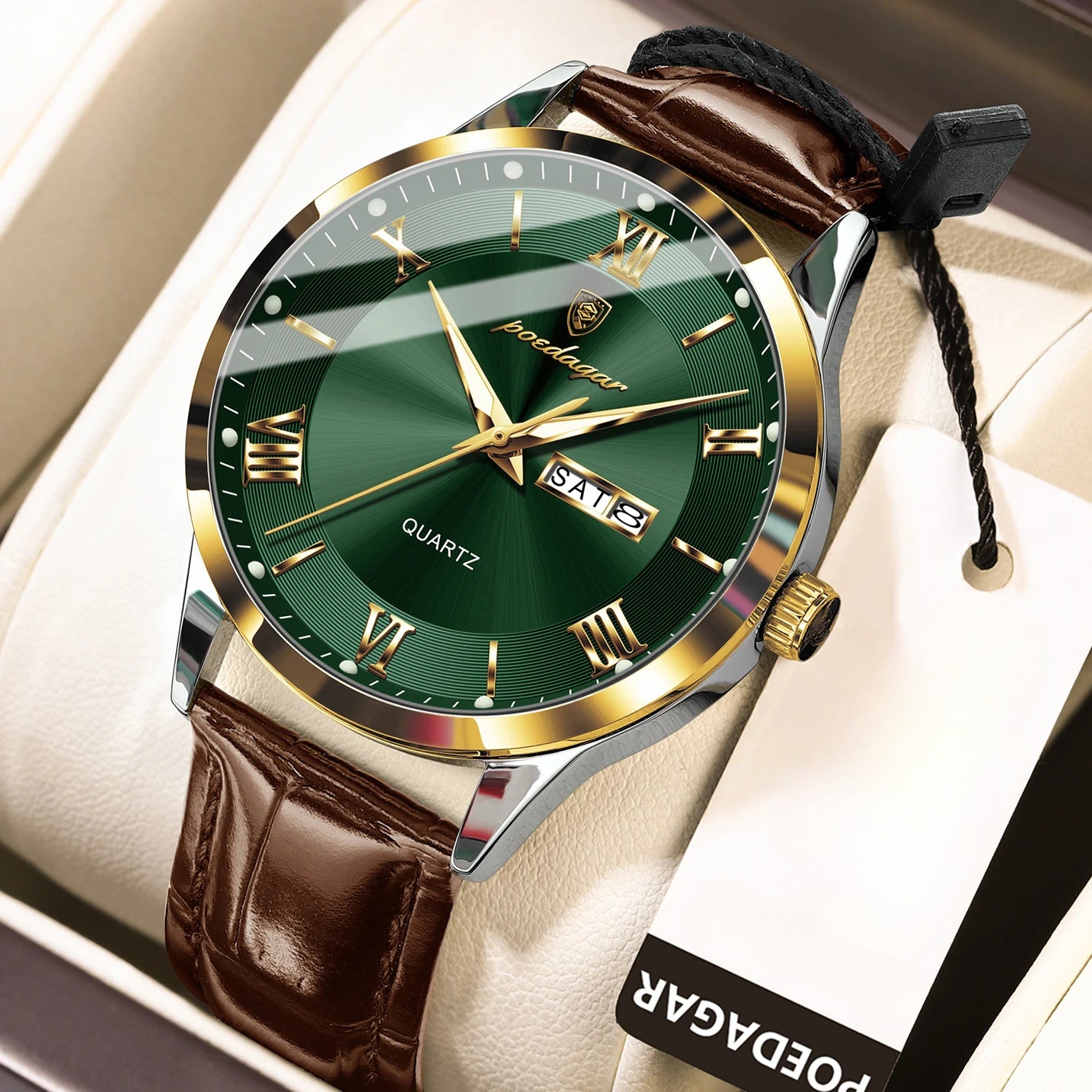 POEDAGAR 978P Men's Watch 3ATM Waterproof Date Display PU Leather Band – Fashion Casual Round Dial Quartz Wristwatch for Men, Multiple Colors