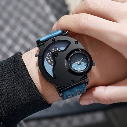 Vintage Men's Watch Big Dial Dual Time Zone PU Leather Strap – Business Quartz Analog Wristwatch for Men, Classic Retro Style Clock Black Blue