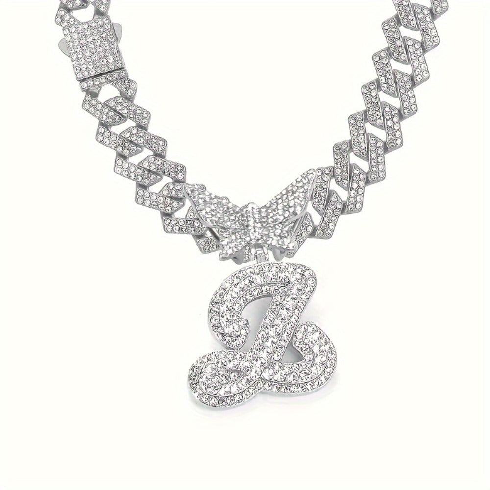 Cuban Link Chain Necklace - Initial Letter for Men Women - with Butterfly Alphabet Pendant A-Z, Gold & - product detail view