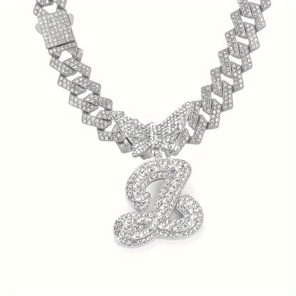 Cuban Link Chain Necklace - Initial Letter for Men Women - with Butterfly Alphabet Pendant A-Z, Gold & - product detail view