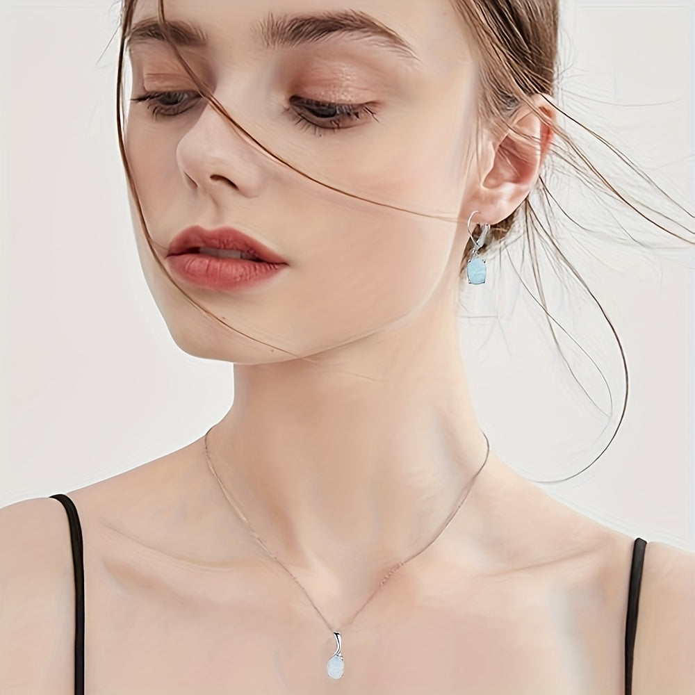 [Party Jewelry Set] 4pcs Set 925 Silver Easy Fashion Elegant Water Drop Opal Pendant Necklace Earrings And Ring Women's Additions Party Jewelry Set