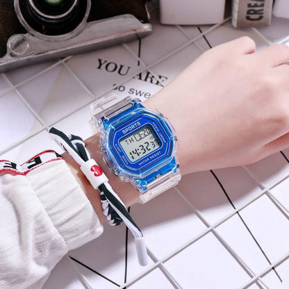 Transparent Square LED Digital Watch — Retro Clear Case Multi-Function Wristwatch, Colorful Strap, Trendy Unisex Design for Sports, Casual & Daily Wear