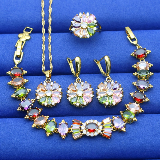 18K Gold Plated Jewelry Set for Women – 5pcs Cubic Zirconia Multicolor Matching Necklace, Bracelet, Earrings & Adjustable Ring, Elegant Gift for Wedding, Party & Christmas