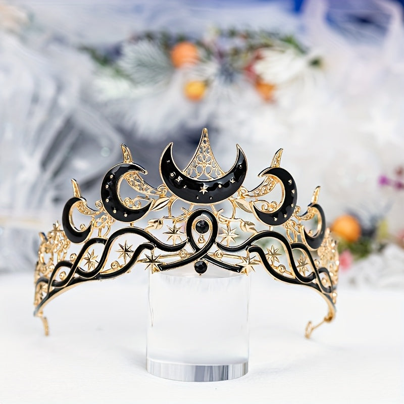 Crown Featuring a Gothic Black Crescent Moon Design for Both Men And Women, Adorned with Stars. This Dark Aesthetic Tiara Is Perfect for Witch, Pagan, Or Wiccan Themes, Ideal for Halloween Cosplay, Costume Parties, Stage Performances, Weddings