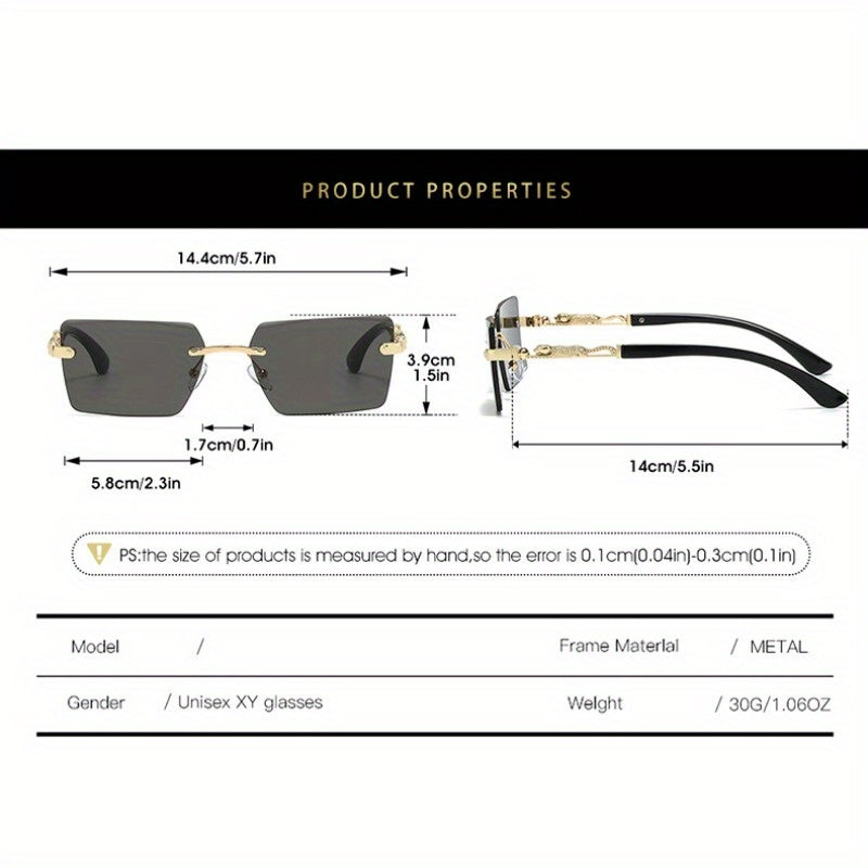 Luxury Frameless Sunglasses Gold Frame Leopard Arms UV400 – Narrow Rectangular Lens Rimless Eyewear for Men Women, Driving Travel Party, 5 Lens Options, Includes Case & Cloth