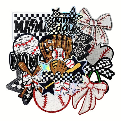 Embroidered Patch - Baseball Patches Iron-on 13pcs Sequin Applique Set with Gloves Bats Stars - main product view
