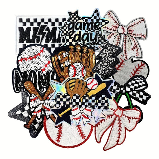 Embroidered Patch - Baseball Patches Iron-on 13pcs Sequin Applique Set with Gloves Bats Stars - main product view