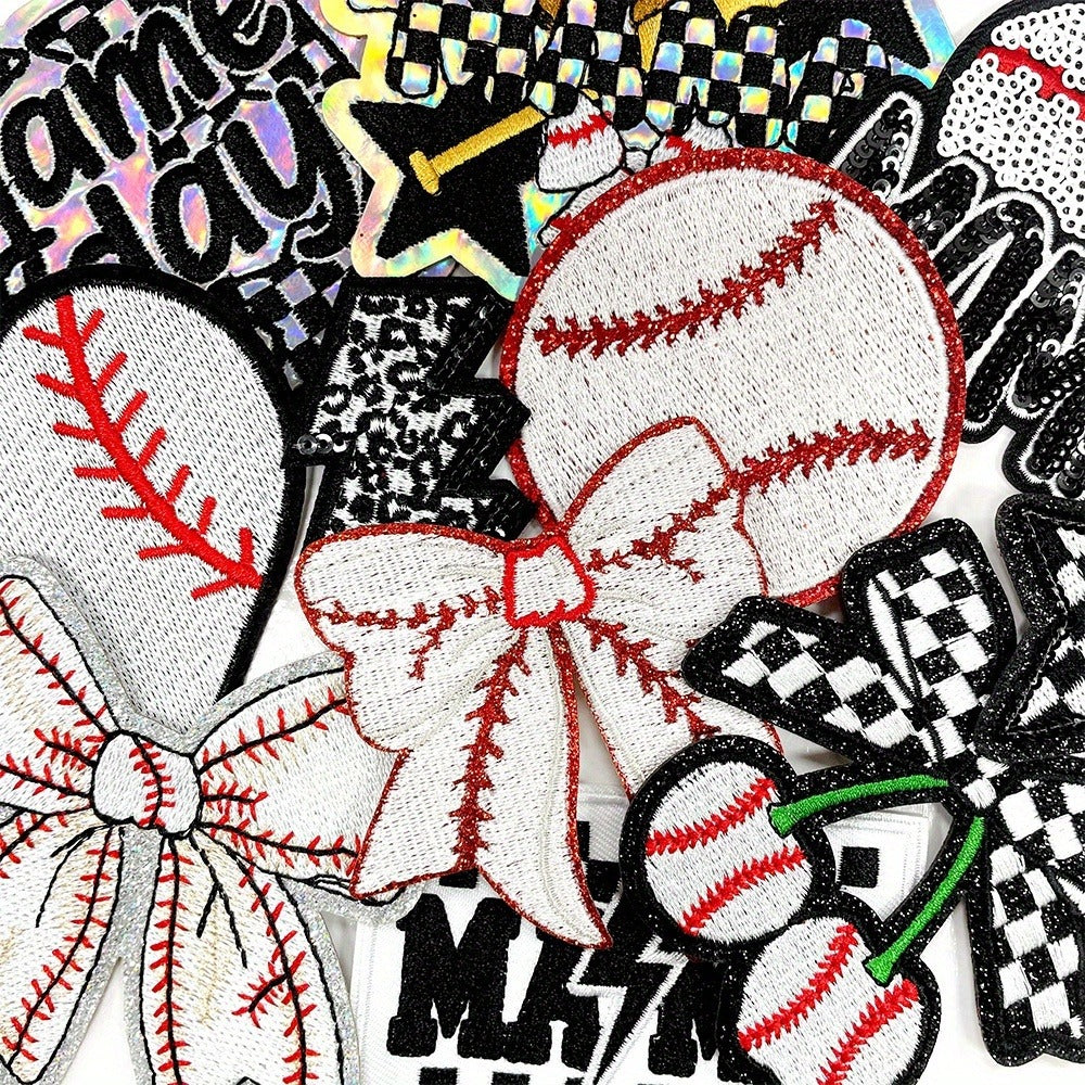 Embroidered Patch - Baseball Patches Iron-on 13pcs Sequin Applique Set with Gloves Bats Stars - product detail view 3