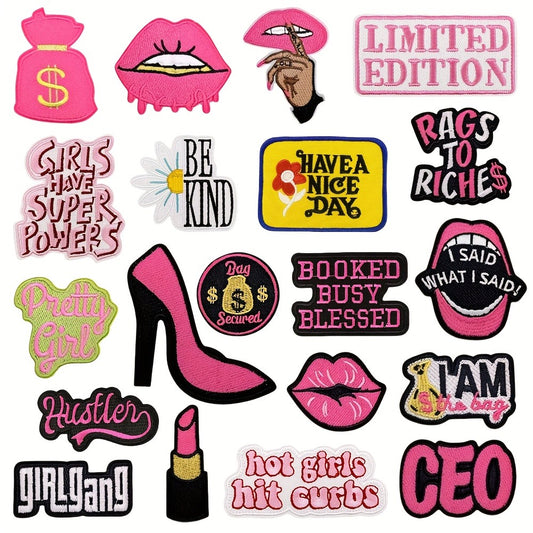 Embroidered Patch - Patches Set of 20 - Hot Pink Women Power Phrase Iron-On Sew-On Patches for - main product view