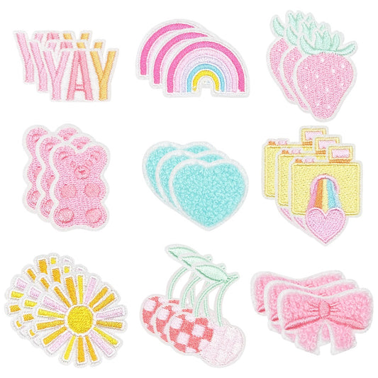 Embroidered Patch - Patches Set of 27 - Pink Sun & Rainbow Retro Iron-On Patches for Clothing - main product view