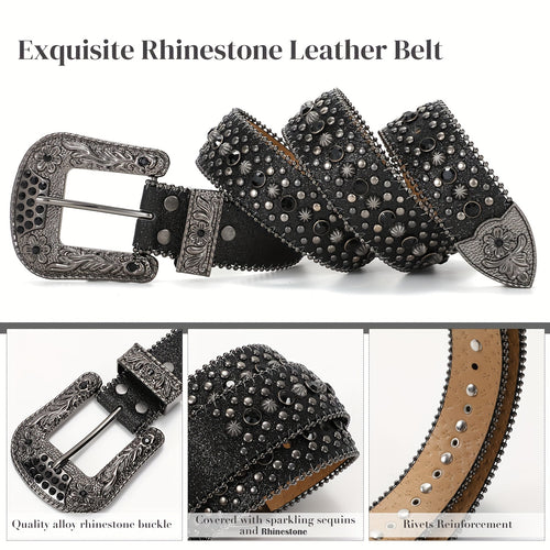 1Pack/2Pack WHIPPY Sparkling Rhinestone Men'S Belt - Made of Vegan Faux Leather with a Secure Buckle, Adjustable Dress Strap Suitable for Casual, Party, Or Festival Wear - A Unique Designer Gift for Him (Christmas, Birthday, Anniversary