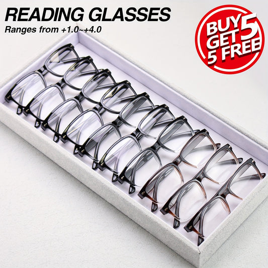 Reading Glasses 10 Pack Ultra Light Square Frame HD Clear Lenses Vintage Style Metal Accents Black Gradient Brown Strengths +1.0 to +4.0 Seniors Office Gift