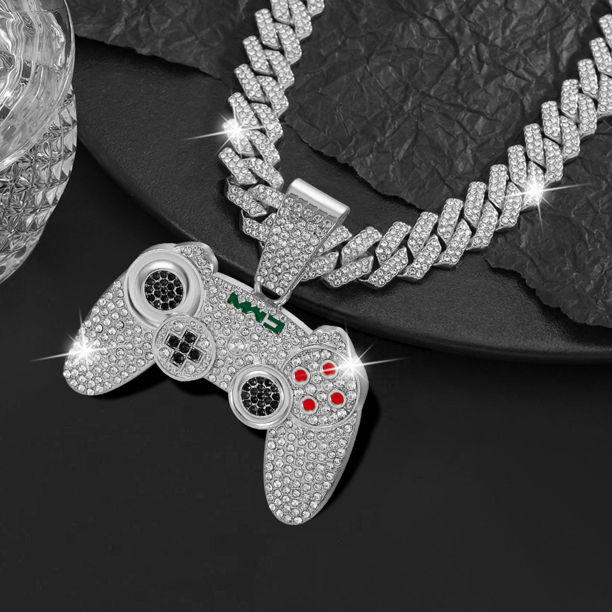 2pcs Fashionable Game Controller Pendant Necklace with Rhinestones - Men's Hip - Hop Cuban Chain, Ideal for Music Festivals, EDM Parties