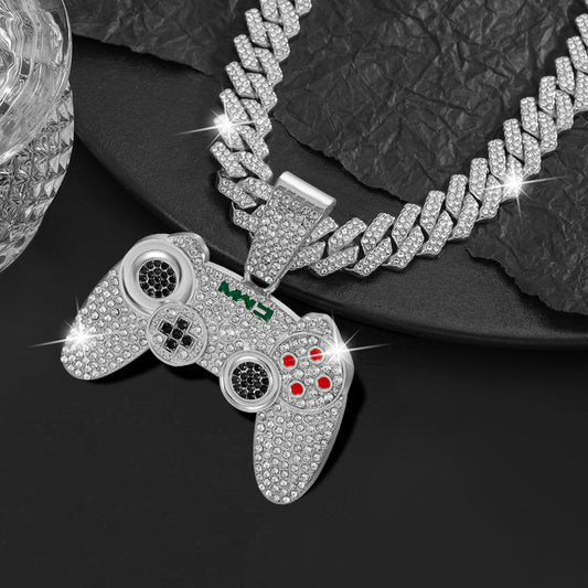 2pcs Fashionable Game Controller Pendant Necklace with Rhinestones - Men's Hip - Hop Cuban Chain, Ideal for Music Festivals, EDM Parties
