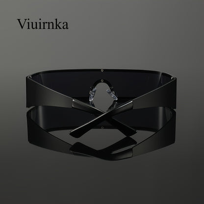 Cyberpunk Metal Wraparound Glasses for Men – Wide Temple Futuristic Design with Case, Lightweight Street Style Fashion Eyewear, Perfect Halloween & Christmas Gift for Cool Event Wear