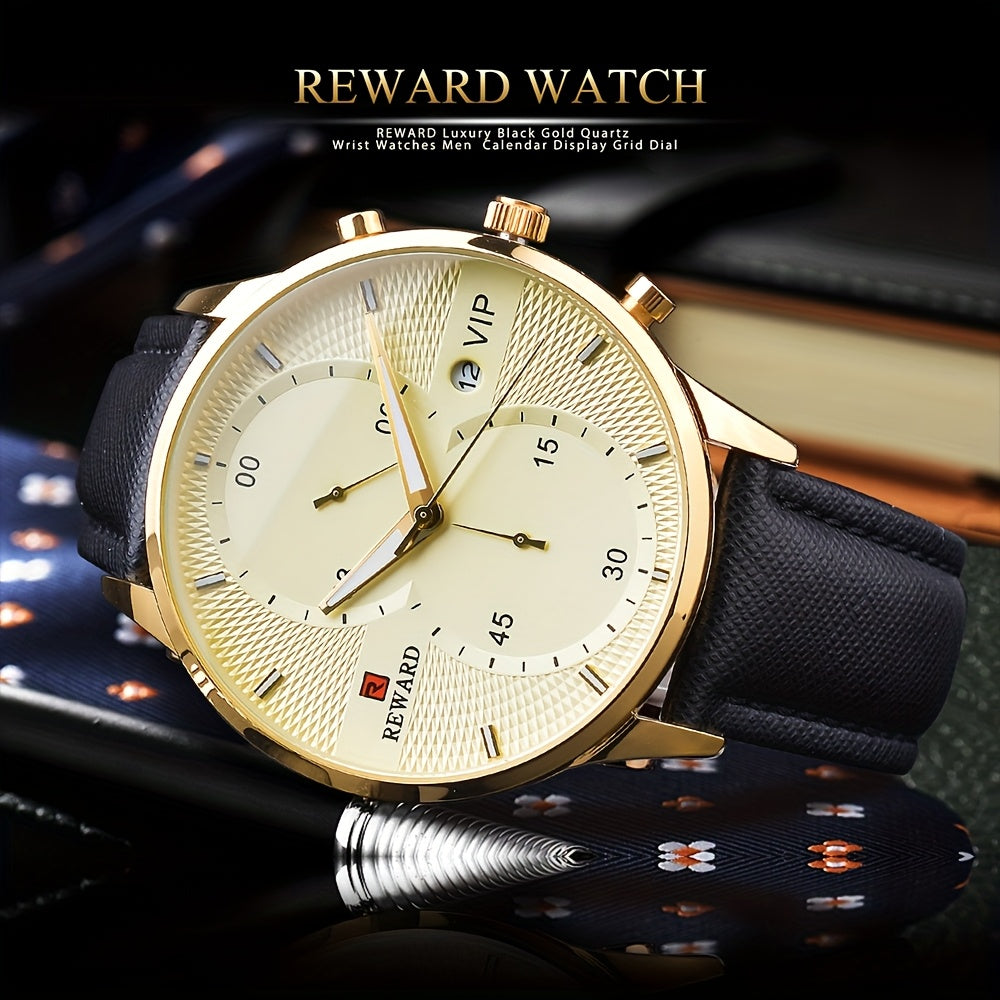 Men's Quartz Watch with PU Leather Strap, Date & Stopwatch — Gift Box Included | Golden & Blue