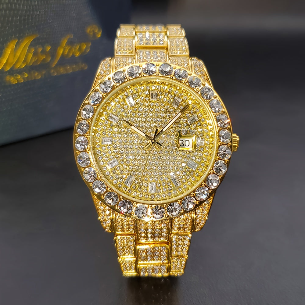 Men's Classic Business Iced Rhinestone Quartz Watch, Classic Fashion Wrist Watch