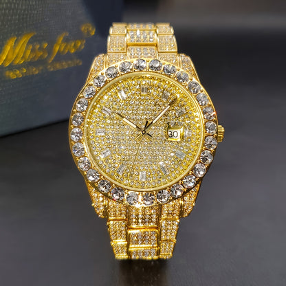 Men's Business Iced Rhinestone Quartz Watch – Classic Luxury Bling Wristwatch with Calendar, Zinc Alloy Band, Elegant Gift for Him