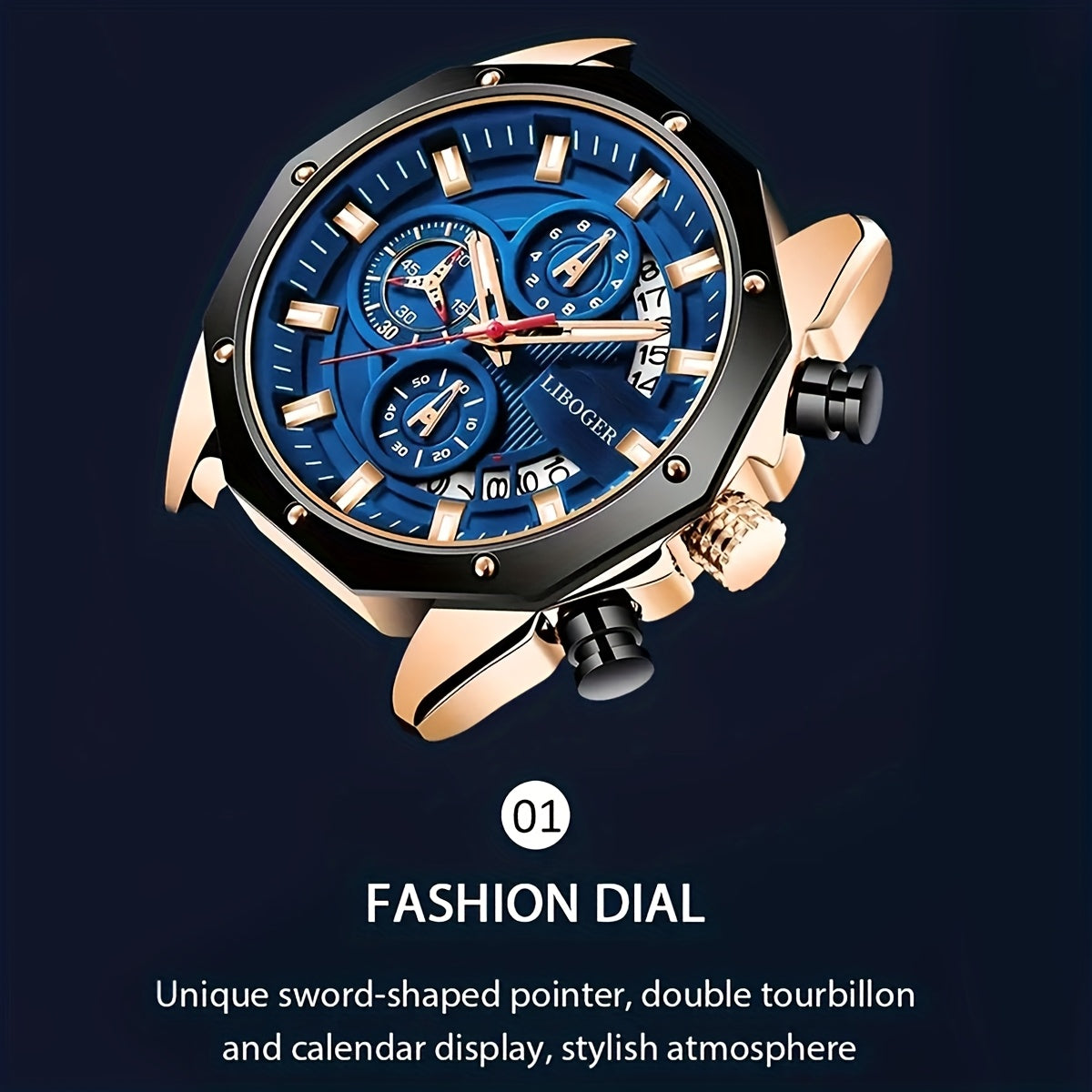 Chronograph Watch for Men - Large Dial Quartz Wristwatch with Day Date Month Display, 24H Analog, Leather Strap & Gold Buckle, Multi-Function Business Sport Dress Watch in Blue Silver Gold