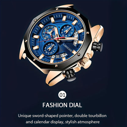 Chronograph Watch for Men - Large Dial Quartz Wristwatch with Day Date Month Display, 24H Analog, Leather Strap & Gold Buckle, Multi-Function Business Sport Dress Watch in Blue Silver Gold