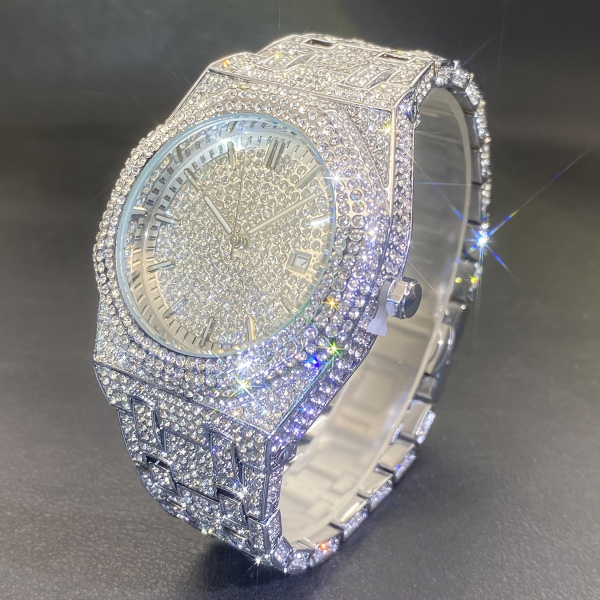 MISS FOX Glam Quartz Watch for Men & Women - Hip Hop Cuban Link, Luminous Calendar with Rhinestone Accents, Alloy Band