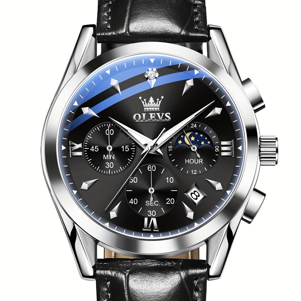 OLEVS Watches for Men Business Dress Analog Quartz Chronograph Casual Faux Leather Waterproof Moon Phase Luminous Date Luxury Mens Wrist Watches Reloj Para Hombre