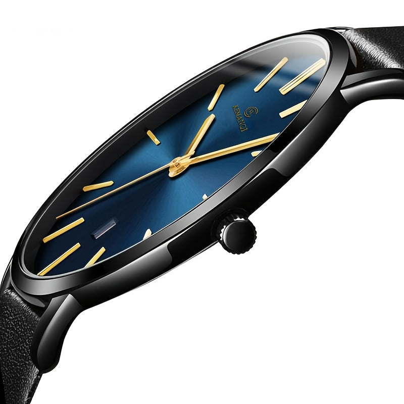 Men's Minimalist Analog Quartz Watch with Analog Display, Round Face & PU Leather Strap - Elegant Casual & Professional Wristwatch, - Hands, Low-Maintenance Operation