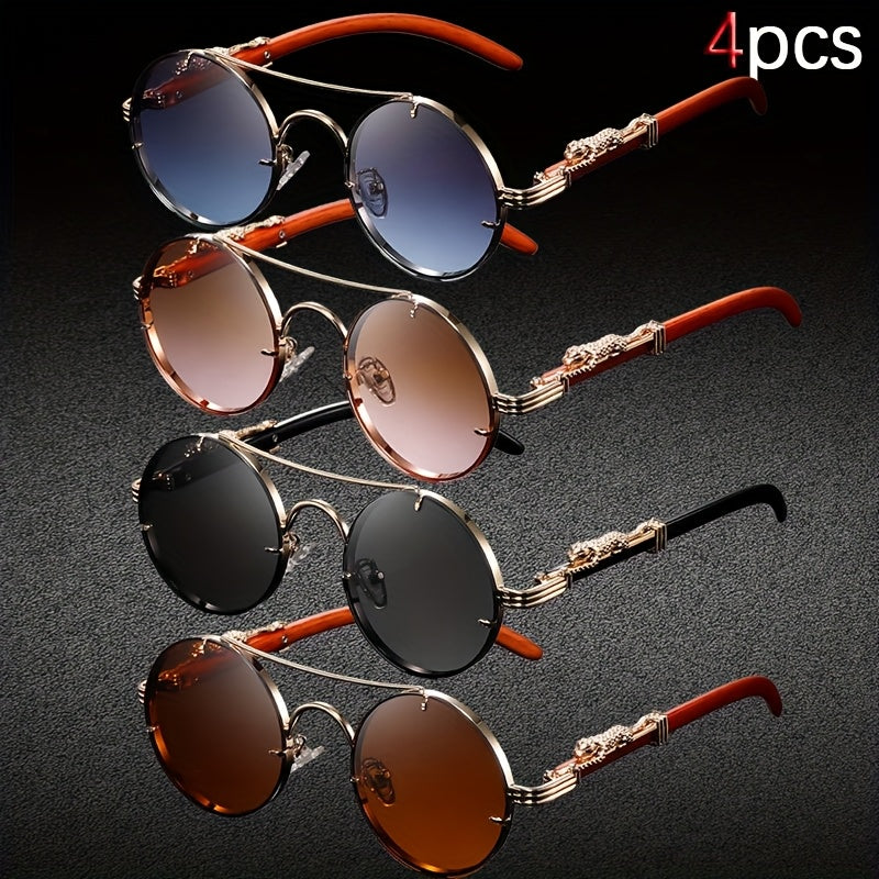 4pcs Punk Rock Metal Round Glasses with Leopard Print Hinges And Fashionable Tortoiseshell Accents - Retro Round Frame, PC Lenses, Perfect for Birthdays, Photography Props And Casual Wear, Punk Additions